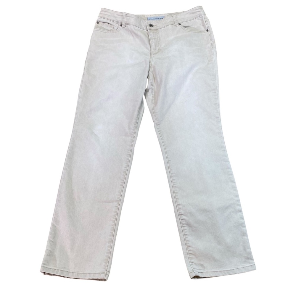 Chico's Platinum Denim Tan Jeans Ultimate Fit Slim Leg size Small Short repaired
